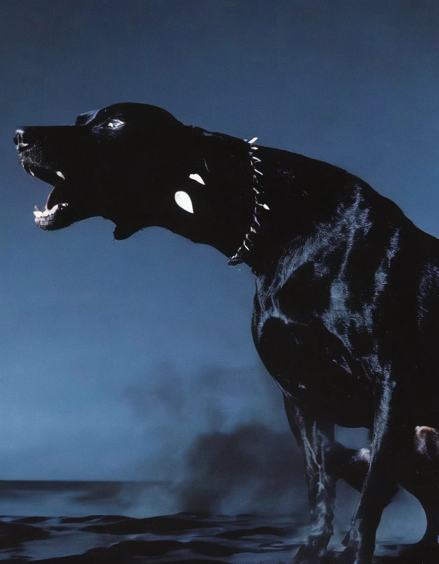 fashion shoot of giant running black dog in darkness at night, blue background