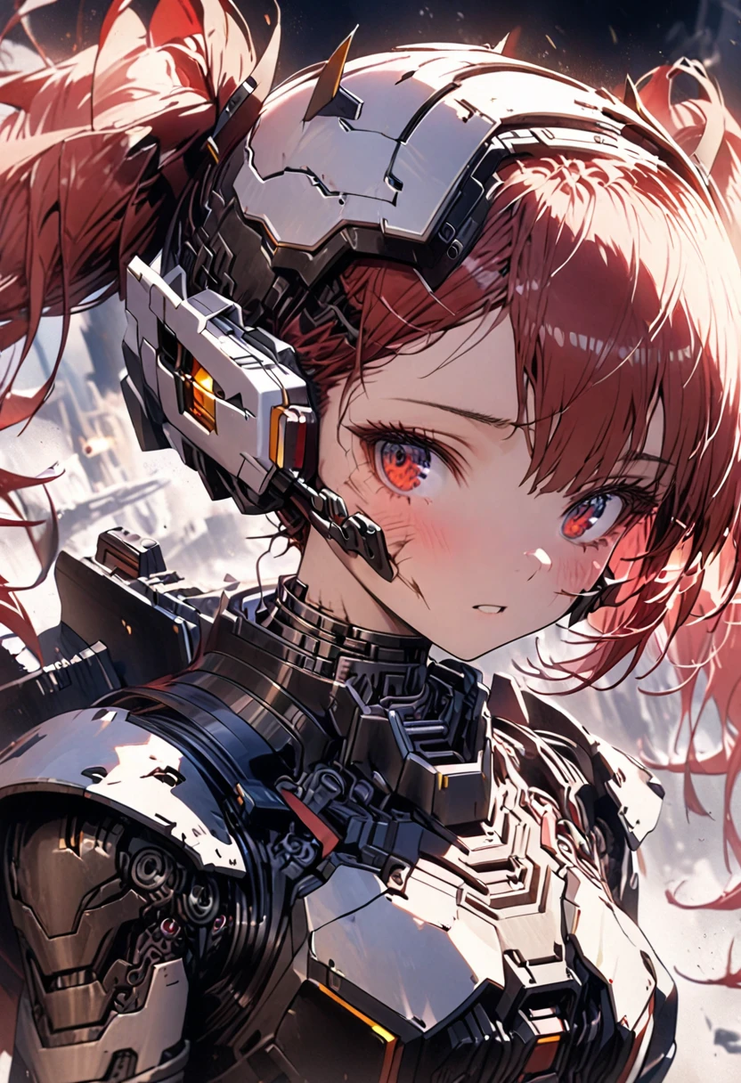 robot girl, 1girl, red hair, twin tails, red eyes, white and gray camouflage clothing, flashy robot armor, holding long range rifle, robot-like helmet, scouter in one eye, half of the face has peeled off, cyborg base visible, face full of scars, close up face, shot from an angle, 4k, 8k, best quality, hyper-detailed, intricate details, cinematic lighting, dramatic colors, concept art style