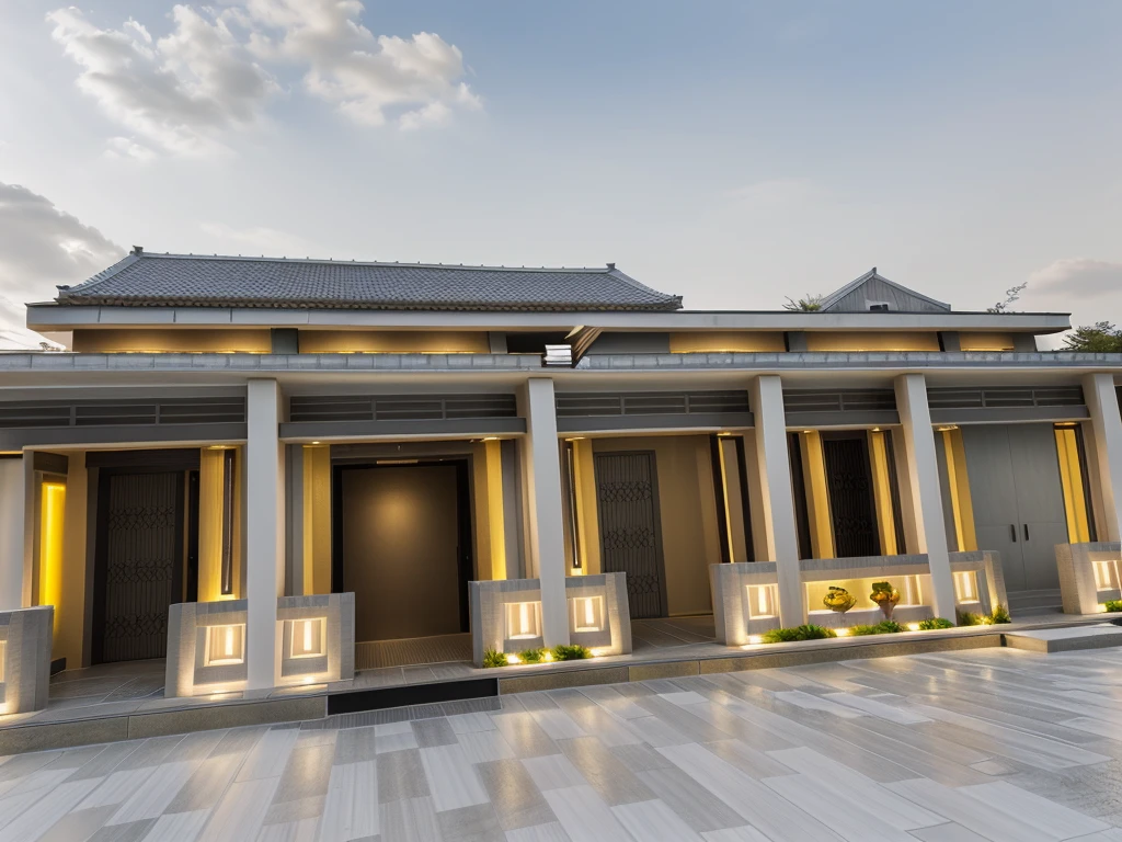 Modern architecture, xinfa aluminum glass doors, (stone wall, white paint), trần ốp gỗ, best quality, super detailed, true, expression, Gray Japanese tile roof, Yellow light temperature 4000k, The courtyard is covered with ceramic tiles, green exterior, evening sky