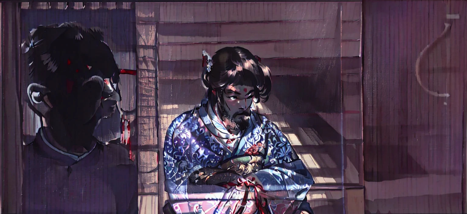 Aravud man in a black shirt sits in front of a painting, Since the Warring States Period, hanging scroll, or period, or method, Japan, Inspired by Dongyang Sesshu, 封建Japan艺术, 18 世纪Japan, Inspired by the True Ancestor Hōzan, Written byRyūkōsai Jokei