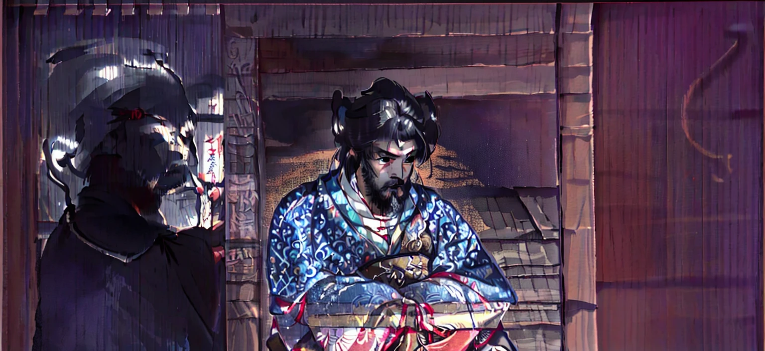 Aravud man in a black shirt sits in front of a painting, Since the Warring States Period, hanging scroll, or period, or method, Japan, Inspired by Dongyang Sesshu, 封建Japan艺术, 18 世纪Japan, Inspired by the True Ancestor Hōzan, Written byRyūkōsai Jokei