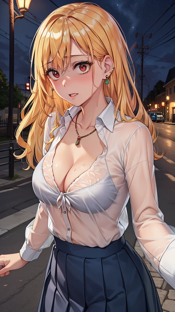(masterpiece, Highest quality:1.2),(Shiny skin:1.6), Upper Body, Detailed cloth texture, Detailed hair texture, One girl, alone, 17 year old girl sexy pose, Long eyelashes, Part your lips, shining pink lips, Red eyes, (The body is slim:1.1), (Beautiful blonde hair:1.2), (Large Breasts:1.3), Floating Hair, (bangs), (school uniform,See-through white shirt:1.2), (Cleavage), (necklace, Earrings), Scared、View your viewers, (Cowboy Shot:1.5), Outdoor、Night Road、Street lamp、Tied to a telephone pole