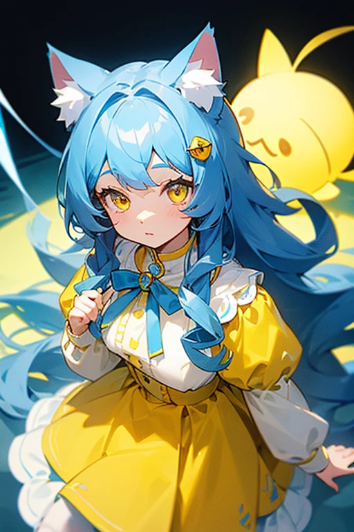 Light blue long curly hair、Cat ear、Yellow Eyes、White blouse、Yellow sweater from above、Light blue skirt、Light blue ribbon on chest、The ribbon has a bell、A yellow fish-shaped hairpin on her head、Girl、cute、Highest quality