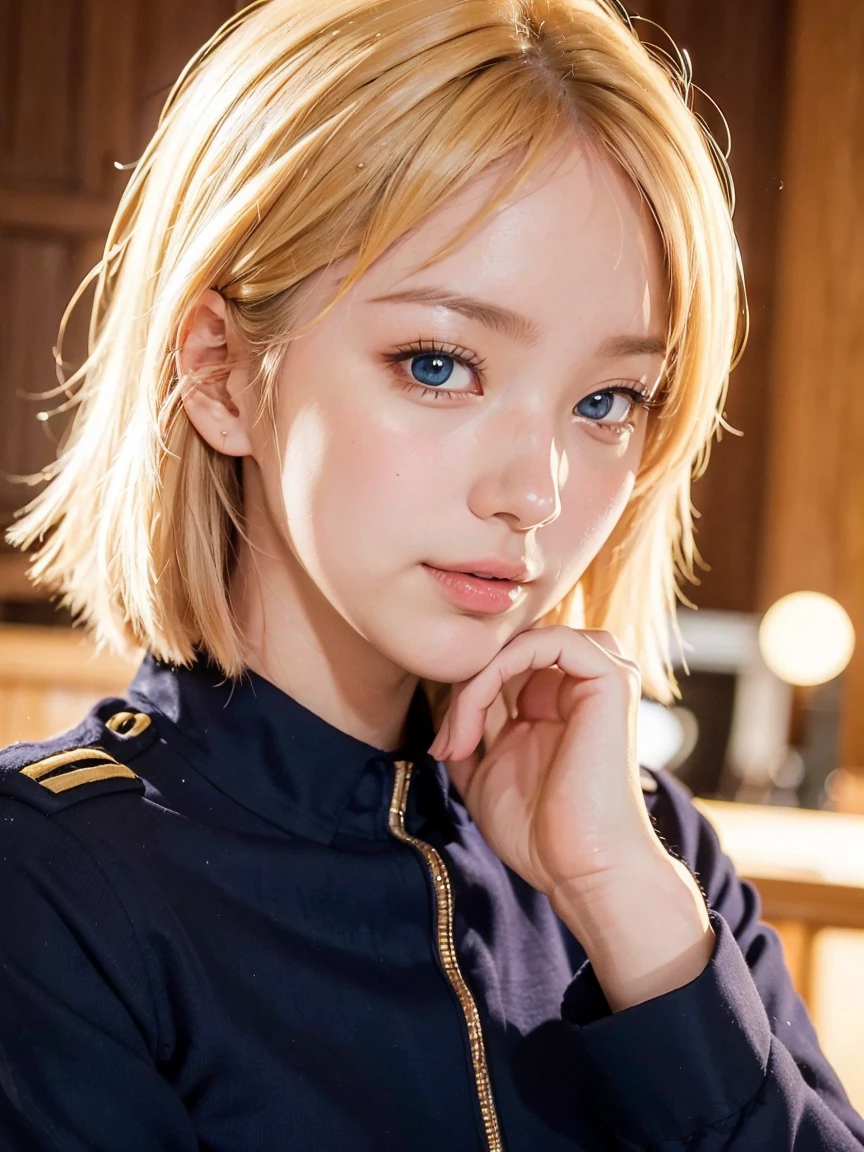 ((​masterpiece、top-quality、realisitic、ultra-detailliert、hight resolution、Photorealsitic、sharp focus、photographrealistic、Raw photography、face lights))、High brightness、bustshot、1 female、(kosmos:1.2)、(Dark blue eyes)、blonde  hair、Strong gaze、Growing eyes、((Pink Commonwealth Uniforms))、ighly detailed、Raw texture、sayla mass、Detailed hand depiction