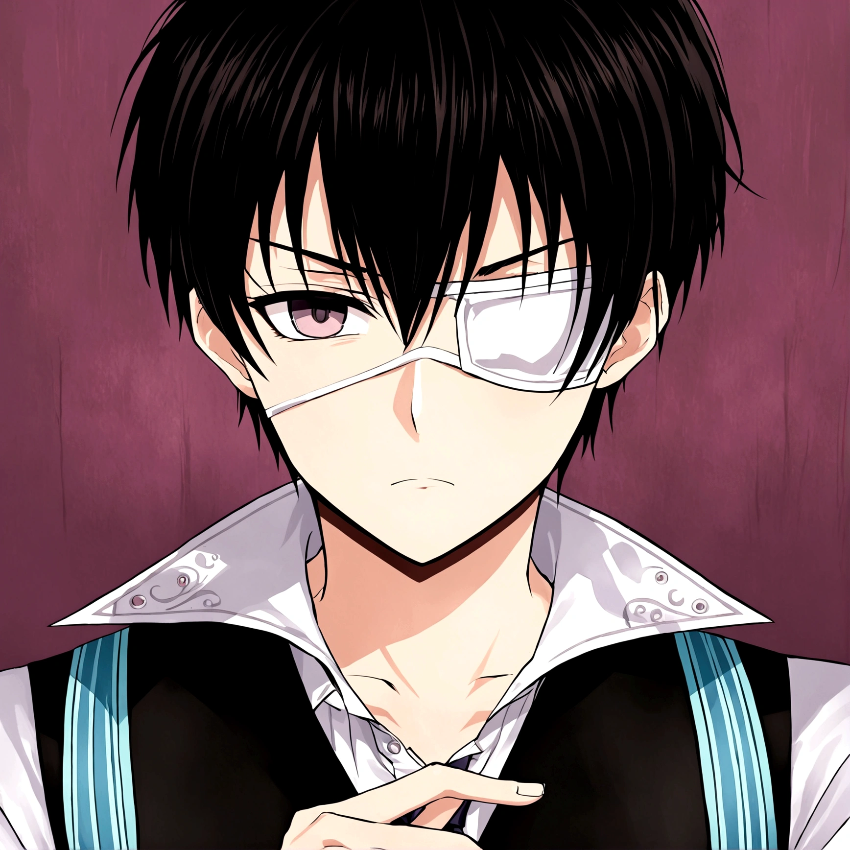 1boy,black eyes,black hair,White eye patch,tie,Collared shirt,shut up,肩上搭着一条绿色tie,Shirt with open collar,Looking at the audience,Male focus,Simple background,solo