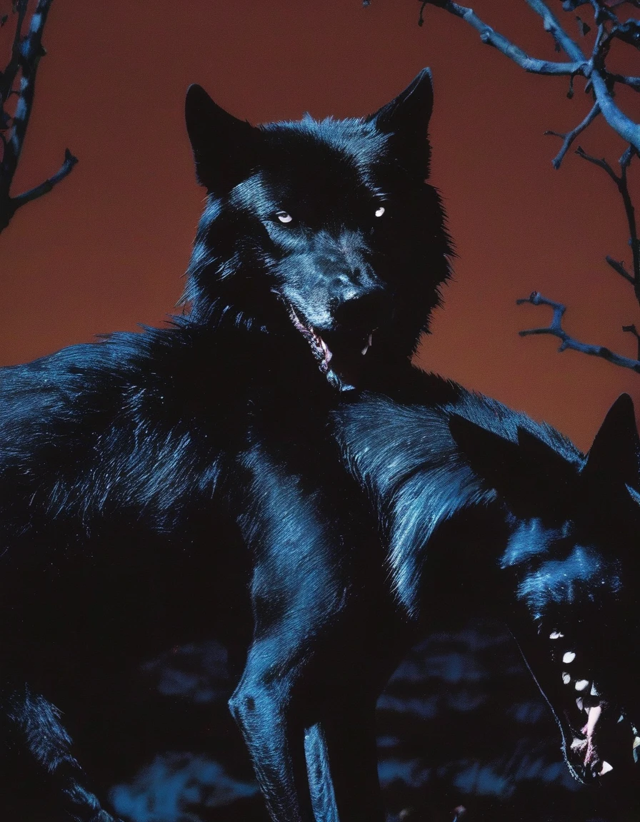 fashion shoot of giant black wolf  in darkness  at night, blue background