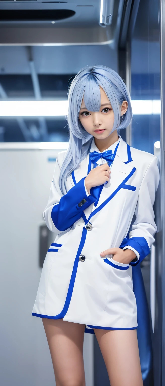 Tall and cute idol girl、whole body、Good style、、、、、、、、、、Tanned thick legs、、White and blue magician suit、、Neat and clean idol face、Underground laboratory、Silver Hair