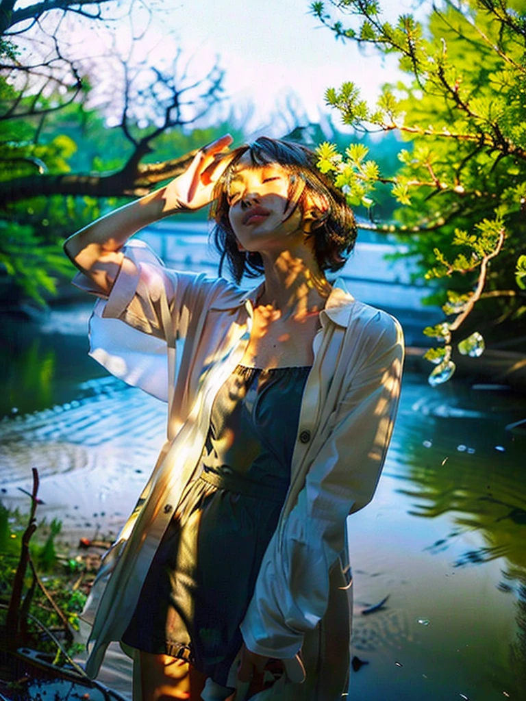 Best quality, ultra high res, full body shot from a danish pretty women wearing white transparent raincoat with floral sundress standing in between fallen trees and looking around, she is submerged in water in the dark swamps, realistic skin, rain drop, dynamic light and shadow, cinematic lighting, dynamic angle, short hair, perfect face and eyes, zenit analog camera shot with 35mm lens f/2.0, beautiful bokeh, cinematic film looks, aesthetic photorealistic, original photo in 2024