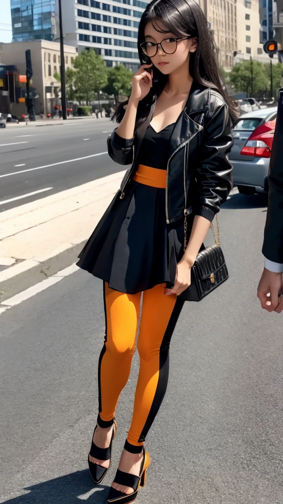(Masterpiece, Top quality, Best quality), pixel, pixel-art, 1girl, 16 years old, full body, glasses, hair ornament, black jacket, sleeveless shirt, long black skirt, orange leggings, high heels