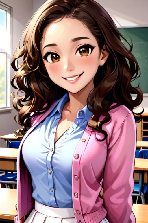 A beautiful young student girl smiling, long brown curls, light brown eyes, white skirt, pink cardigan, in a classroom
