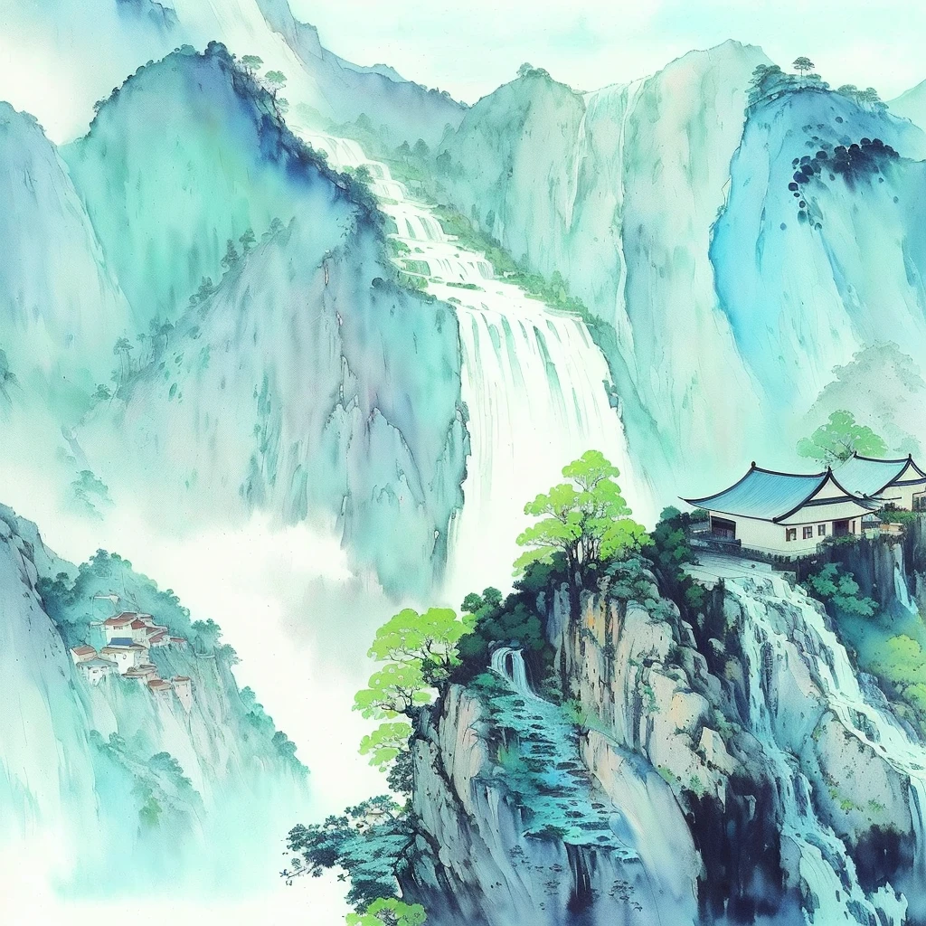 Painting of waterfall and houses on hill with sky in background, zhang daqian, Inspired by Dong Qichang, traditional Chinese painting, Chinese style, 中traditional Chinese painting风格, Watercolor and ink painting,Light color,Do not be dark