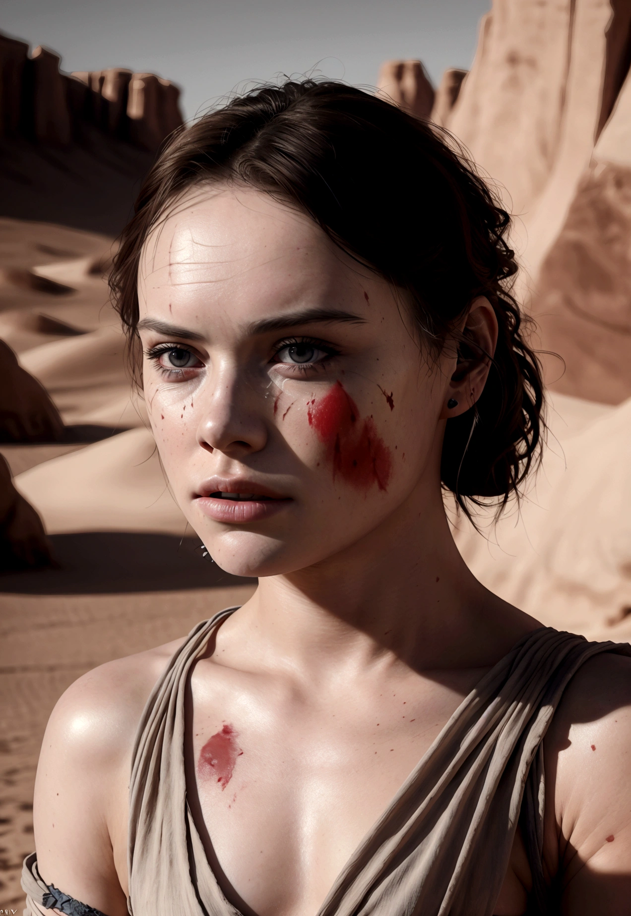 a young woman with daisy ridley's face, bruised and bloodied, bandaging her wounds, one eye covered by a patch, in a harsh desert landscape, (best quality,4k,8k,highres,masterpiece:1.2),ultra-detailed,(realistic,photorealistic,photo-realistic:1.37),intricate details,cinematic lighting,dramatic shadows,epic sci-fi,moody atmosphere,gritty and realistic,muted color palette
