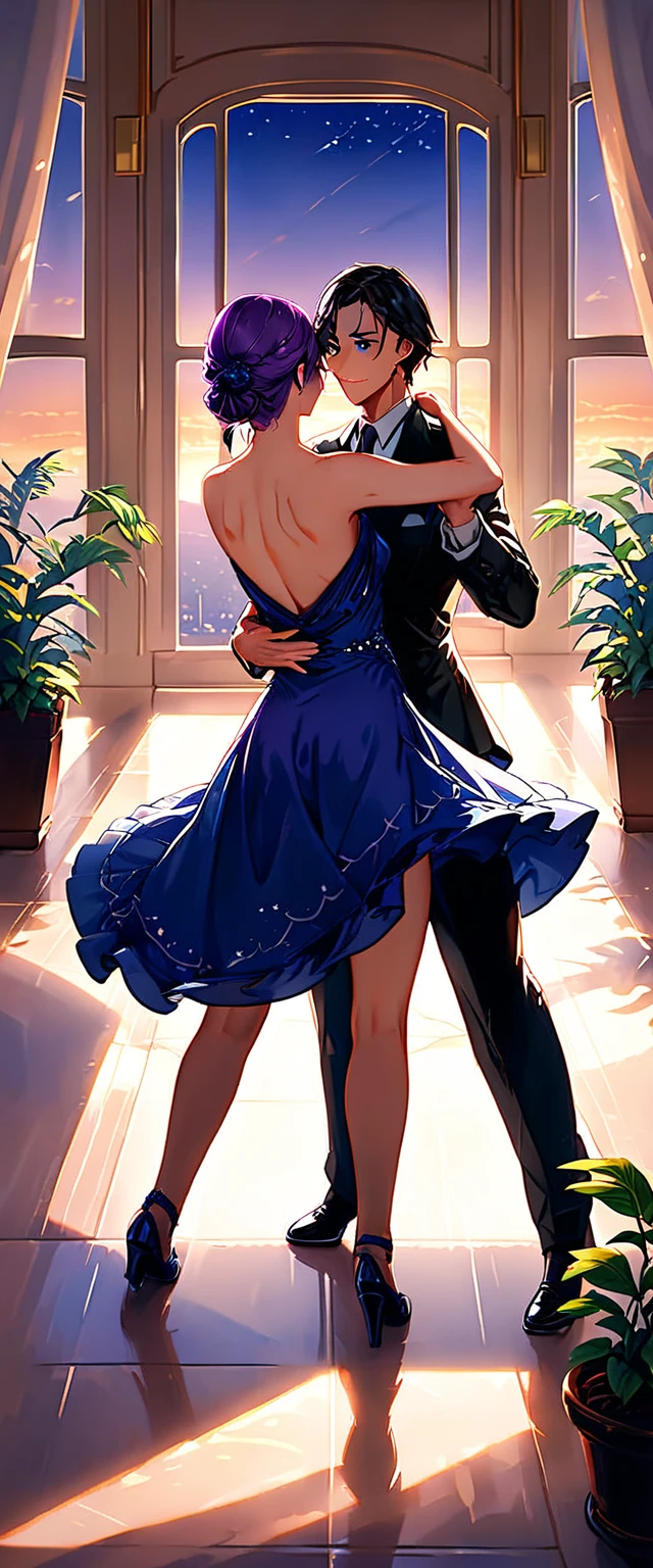 In an Art Deco Ballroom in the 1920s, Outside the window is a balcony. A narrow French window with an arched top leads out to the balcony., Outside, the sun has almost set, but the sky is a ((deep blue:2.0)) with a hint of purple., and small stars are shining in the dark blue sky, a small star is coming,  outthere is a potted plant by the window, and a man and woman are dancing the tango facing each other. The man is facing forward and the woman has her back to the viewer. The man is wearing a black suit and the woman is wearing a purple long tight dress. The dress is sleeveless with a large V-shaped opening at the chest and a long slit, exposing their thighs. The lighting is from directly above, and shadows are cast on the eye sockets, making it impossible to read their expressions.

