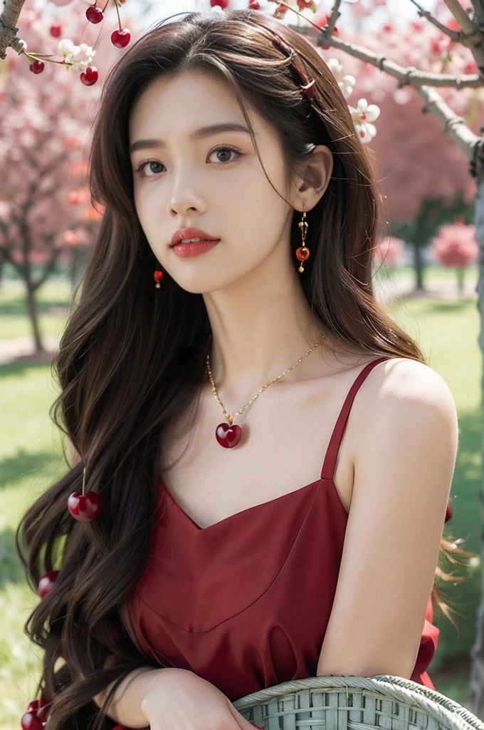 (((best quality))),(((ultra detailed))),(((masterpiece))),illustration,1 beautiful girl,solo,earrings,necklace,medium straight hair,slim,flat chest,strapless red bra,summer,(cherry orchard full of red cherries:1.3),sunlight,dappled light,fair skin,smile,(ripest cherries on the trees:1.3),red lips,peaceful,summer breeze,hair fluttering,setting sun,radiant hue,beauty grace,basket,close-up of face