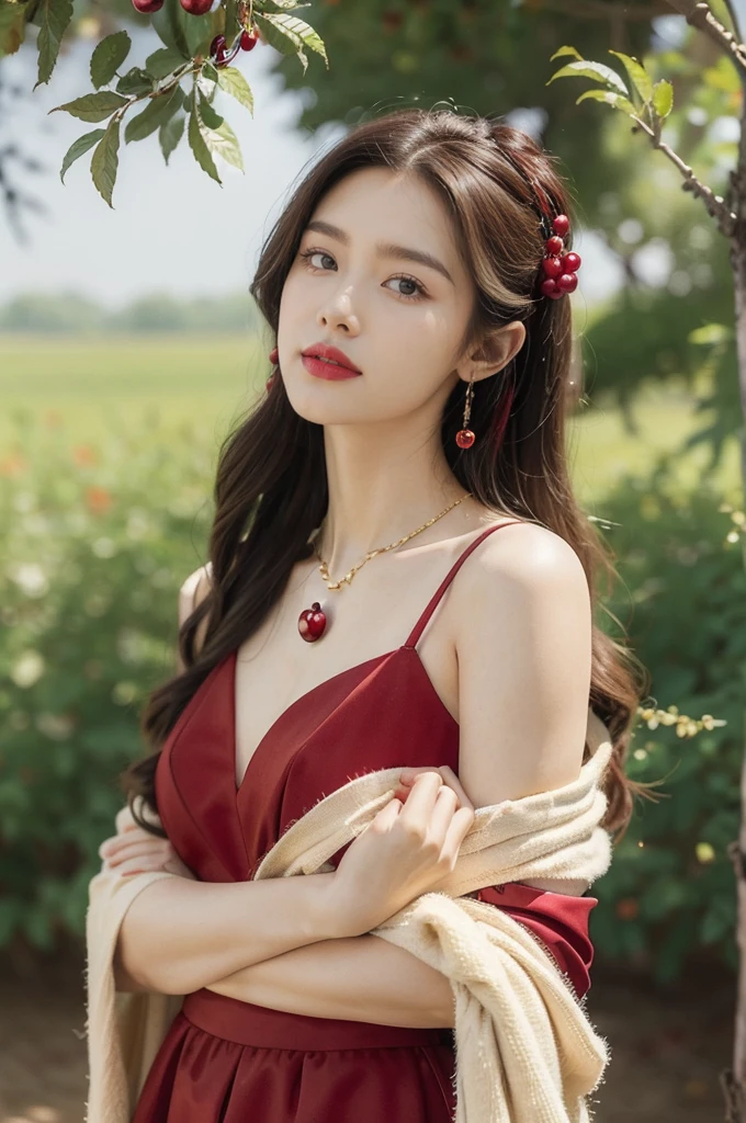 (((best quality))),(((ultra detailed))),(((masterpiece))),illustration,1 beautiful girl,solo,earrings,necklace,medium straight hair,slim,flat chest,red dress,summer,(cherry orchard full of red cherries:1.3),sunlight,dappled light,fair skin,smile,(ripest cherries on the trees:1.3),red lips,peaceful,summer breeze,hair fluttering,setting sun,radiant hue,beauty grace,basket,upper body