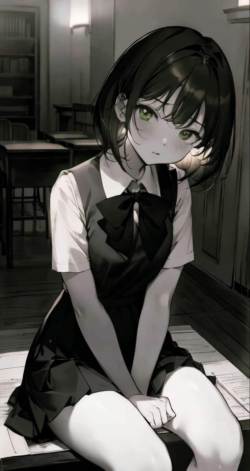 { masterpiece : best quality : high resolution : unity 8k wallpaper : illustration : beautiful detailed eyes : extremely detailed face : perfect lighting : extremely detailed CG } { monochrome horror colouring theme } { in a dark  classroom room : night } { Hamabe Minami  : very short tomboy dark hair ; perfectly  shape breast :   : perfectly fit body : sitting tomboyish : serious look : at school} { 