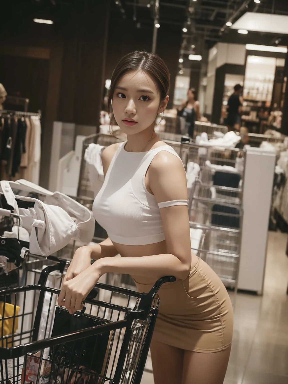 A woman wearing a white bustier shirt and a tan skirt stands next to a shopping cart in a department store.,realistically,Lifelike shadows