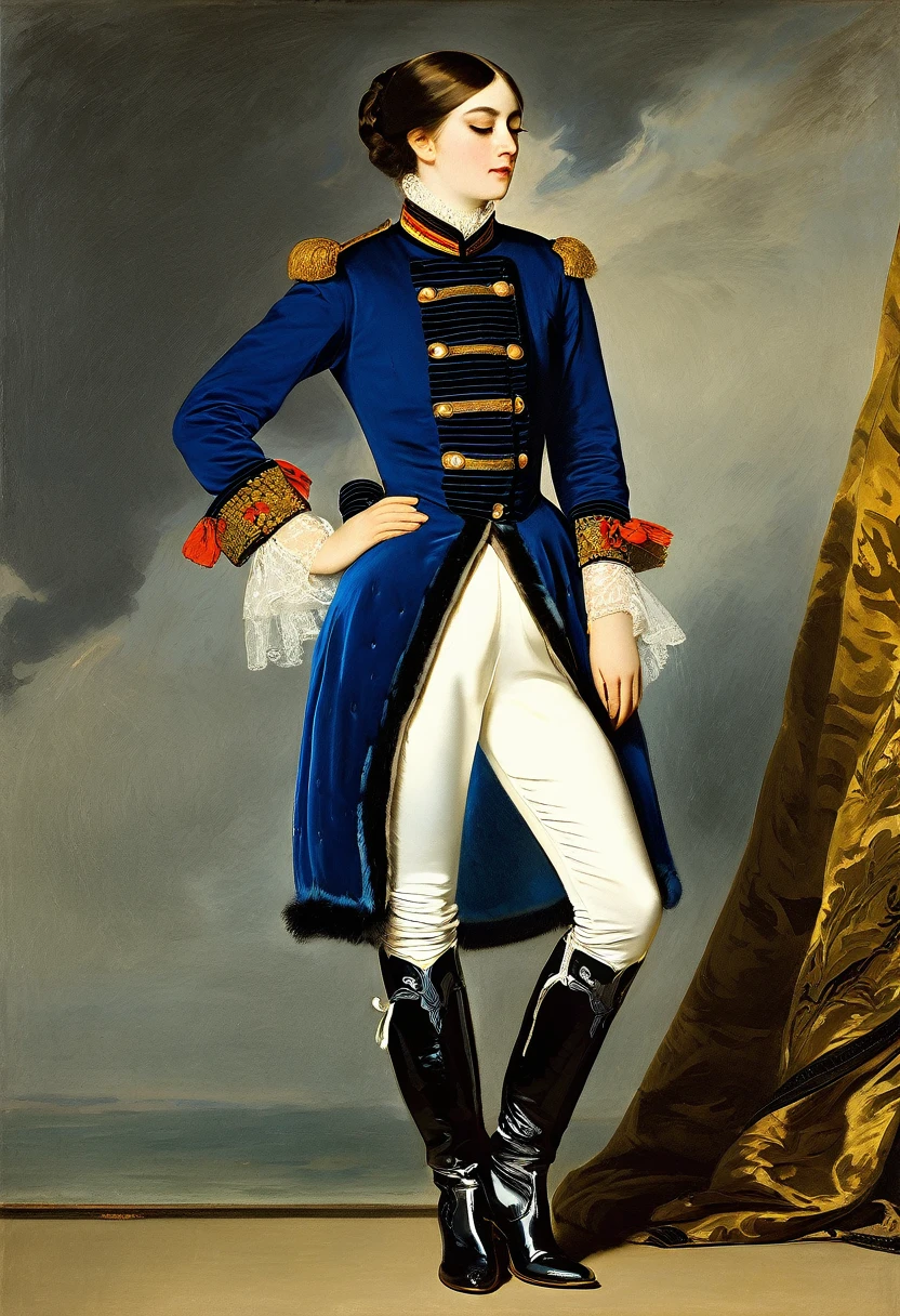 ((an attractive girl with an one eye closed patch)) in a blue fur hussar jacket on her shoulder, white satin loose leggings, pantaleer, dolman, boots, 19 century, 
((Edouard Manet style)),((painting)), two-color lighting, Scuff gradient, Complex details, intricate, aesthetics, ((best quality, Masterpiece)),
((Highest detail)), Octane render, hd, f/2.8, 8K