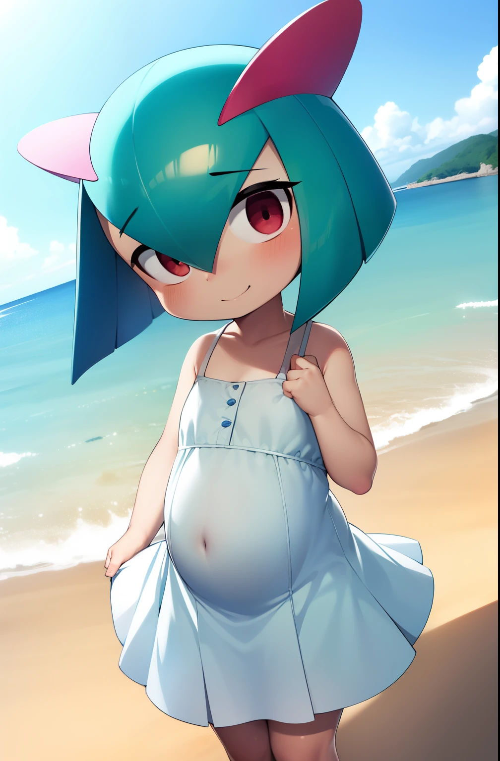 obra maestra, mejor calidad, 1 chica en, solo, kirlia, cabello verde, ojos rojos, vestido amarillo, vestido con flores, piel de porcelana, cabello corto, Ropa ajustada, caminando por una playa, manos en el vientre, vestido escotado, ancianos, (((embarazada))), vientre de embarazo, ruvor, sonrisa timida.