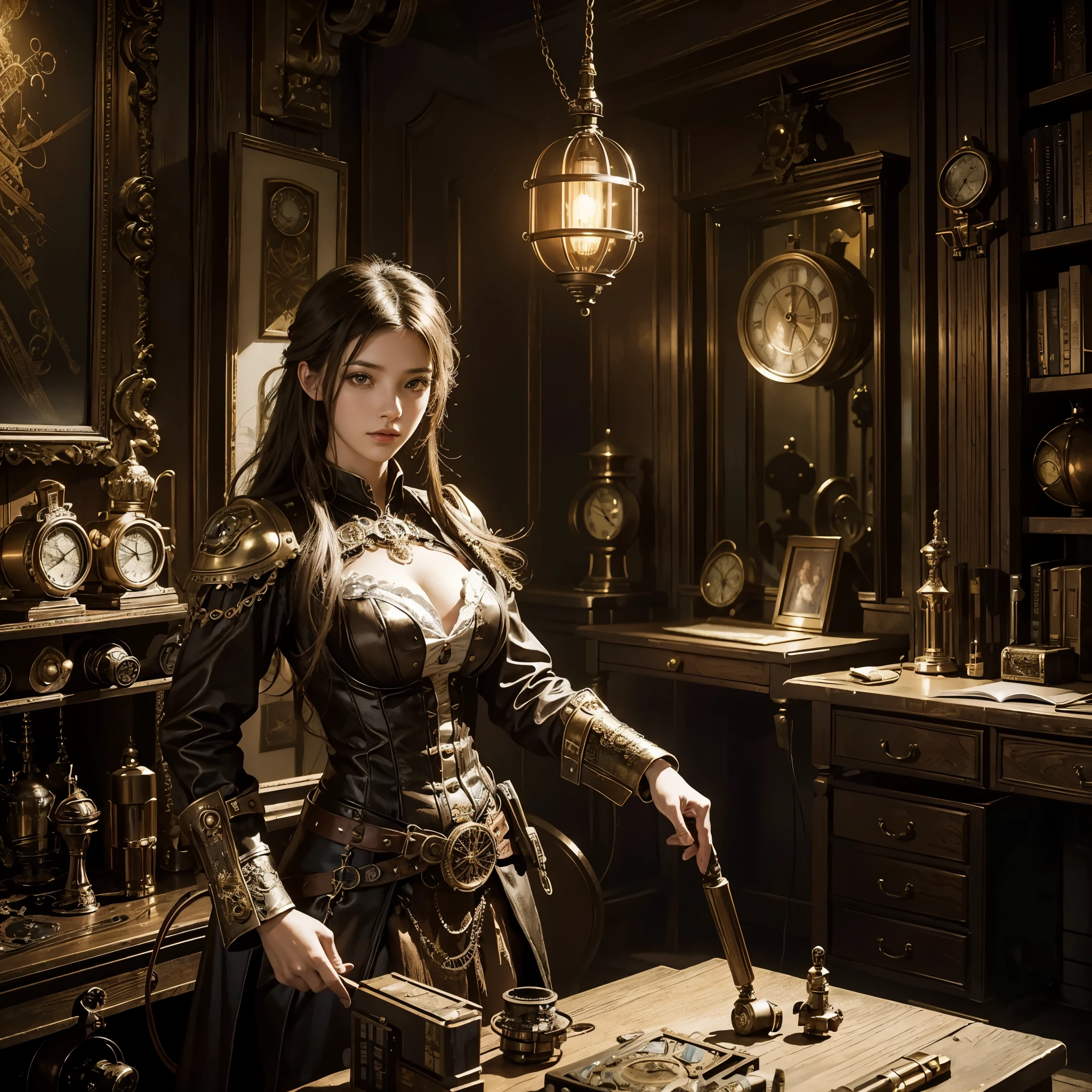 In a grand, high-quality Steampunk art piece, there lies a captivating Steampunk fantasy illustration, brimming with intricate details and enticing Steampunk digital art elements. The Steampunk fantasy style is palpable, with a Steampunk beautiful anime woman gracefully astride a meticulously crafted horse. This Steampunk art piece showcases a clockwork woman, an inventor girl donned in Steampunk concept art attire, embodying the Steampunk fantasy theme effortlessly. The illumination in this Steampunk themed room casts a warm, inviting glow over the Steampunk imagery, transforming it into a stunning Steamp
