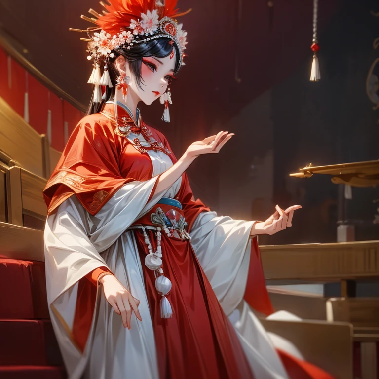 Chinese opera female wearing traditional coloured dressed clothes in a scene on a theater . Detailed image.Dinamic lighting.High definition.Masterpiece