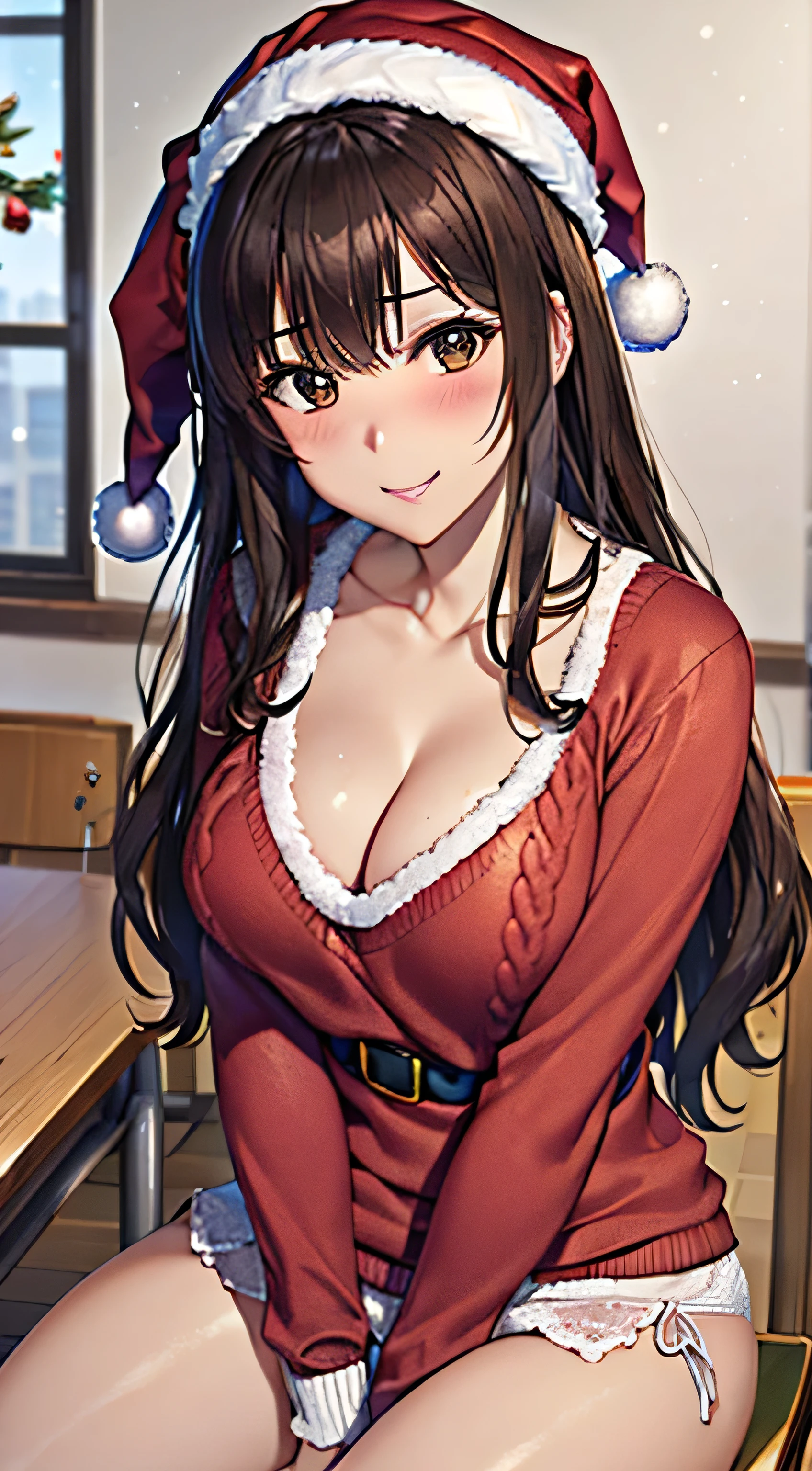 ((Tabletop, Highest quality, High resolution, , Pixel Perfect, 4K,))), 1 female teacher, single, alone, beauty、The whole body is visible、 ((Long Wavy Hair, bangs, Brown Hair)), ((Brown eyes, Beautiful eyelashes, Realistic eyes)), ((Detailed face, Blushing:1.2)), ((Smooth texture:0.75, Realistic texture:0.65, Realistic:1.1, Anime CG Style)), Big Breasts, Dynamic Angle, Perfect body, (( , , Santa Claus Cosplay Hat、 Santa Claus Cosplay Sweater,Floral lace panties 、)), 、、Very embarrassing panic smile, 、、classroom、、、、Sit on a chair、Bring your arms together、 、Angle from below)、
