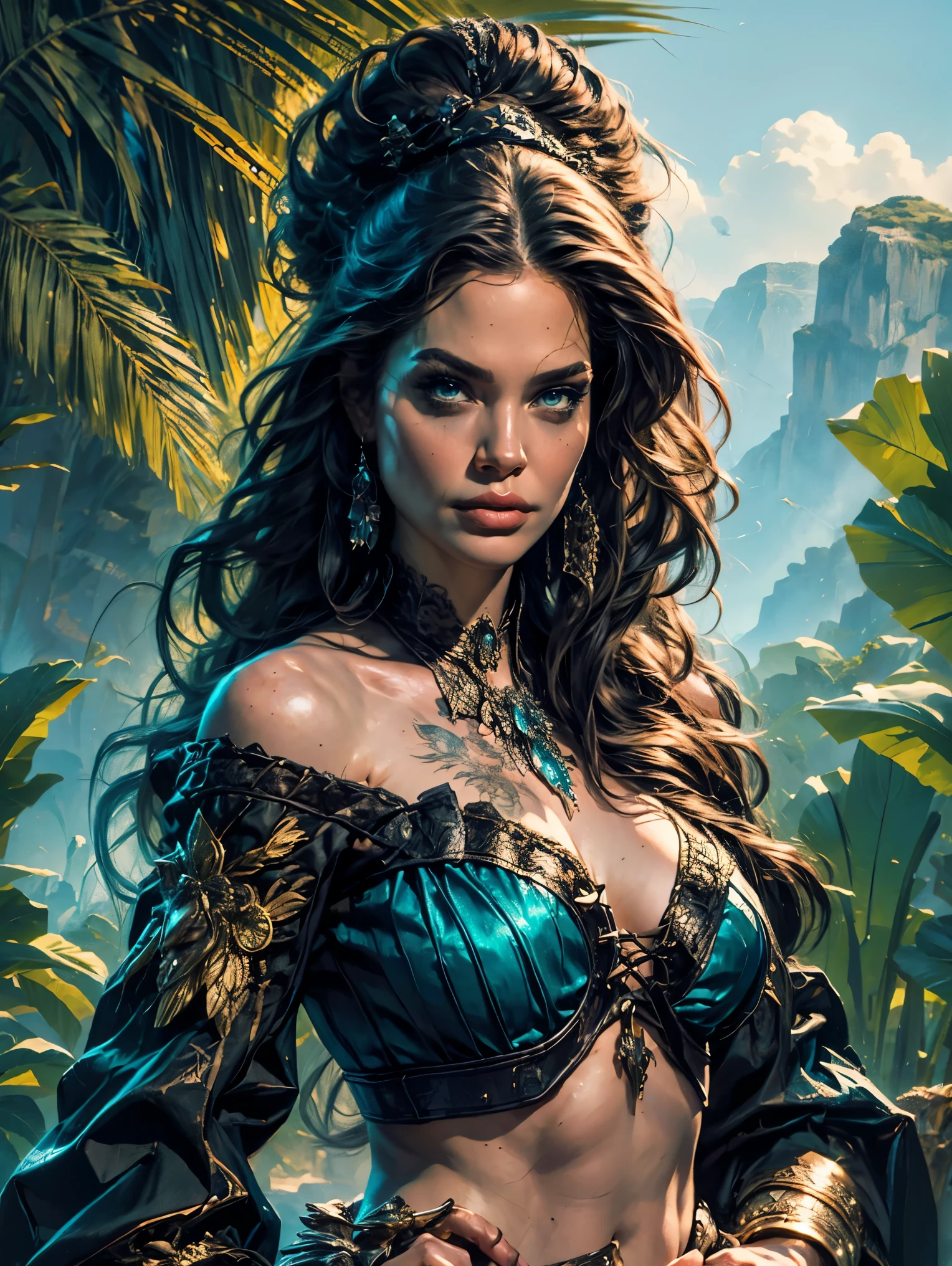 a young sea witch from the early 18th century based on Angelina Jolie, dungeons and Dragons 5th edition fantasy illustration, highly detailed cinematic fantasy portrait, black outlining, full color illustration, in the style of BORIS VALLEJO & JULIE BELL, masterpiece, 8k, ultra-detailed, physically-based rendering, vivid colors, dramatic lighting, intricate background, fantasy, photorealistic