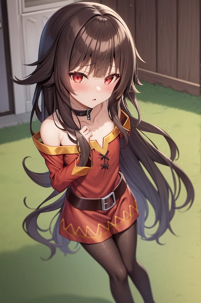 Megumin, One girl,alone,Brown Hair,Red Eyes,Small breasts,clavicle,Red dress,Gold border,Black choker,