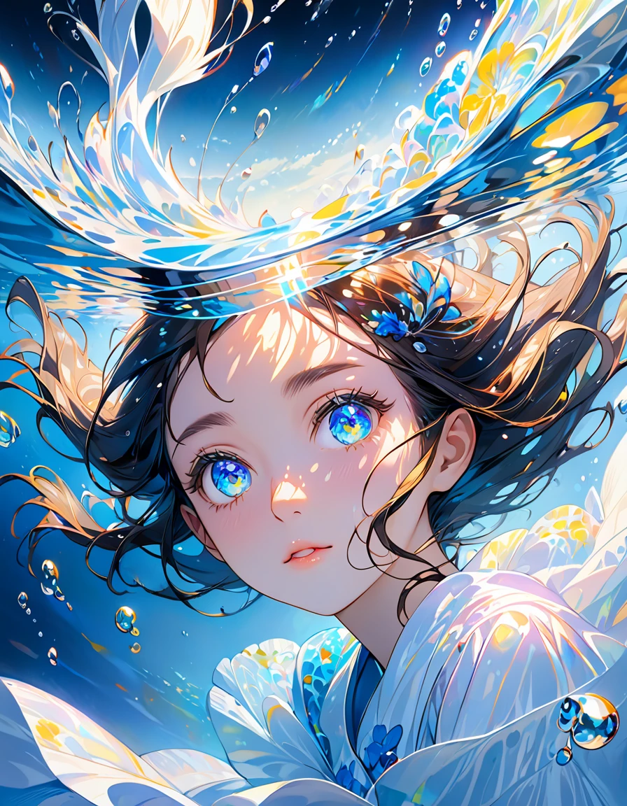girl swims underwater,hyper detailed render style,glow,yellow,blue,brush,surreal oil painting,shiny eyes,head closeup,exaggerated perspective,tyndall effect,water drops,mother of pearl iridescence,holographic white,black background,