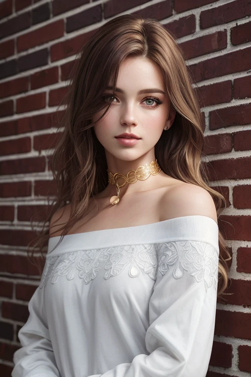 ultra realistic 8k cg, masterpiece, ((ultra detailed background, delicate pattern, intricate detail)), best quality, intricate details, chromatic aberration, 1girl, long hair, golden hair, messy hair, red highlights, hair over one eye, sharp eyes, choker, brick wall, graffiti, dim lighting, alley, oversized shirt,off shoulder, see through white shirt, Masterpiece, best quality