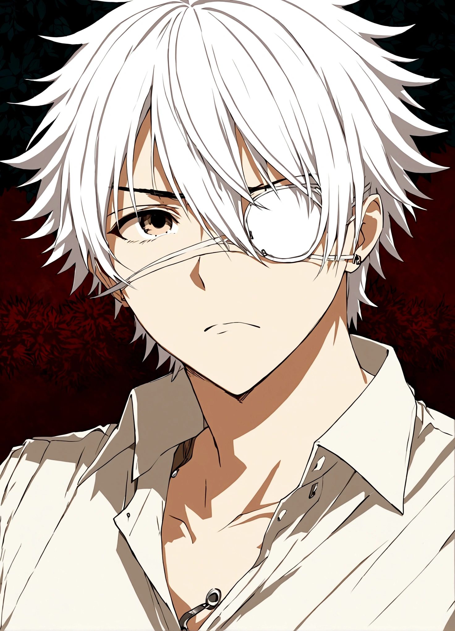 1boy，black eyes，White hair，White eye patch，Collared shirt，shut up，Simple background，solo，