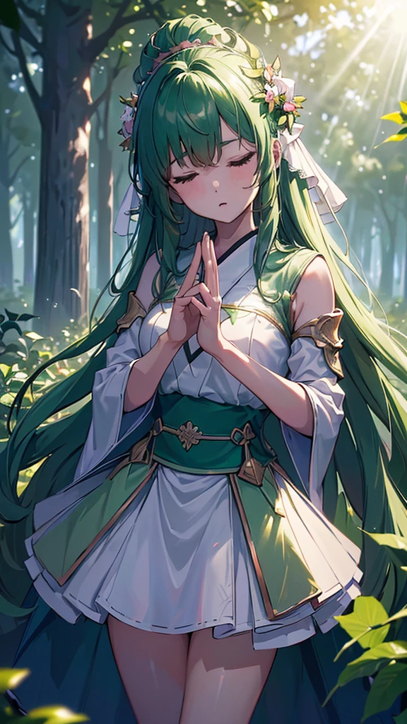  ((((Ultra high resolution high detail))), 1girl, standing, facing viewer, ((outdoors, forest, sunlight:0.9))), long hair, green dress, ((organic armor, leafy armor)), ((eyes closed, in deep thought))), ((perfect hands)), ((high contrast)), ((soft focus)), 25 years old, (head tilt), ((wisdom)), ((serene)), (((green glowing aura:0.7)), ((forest ambiance))),((4k resolution)),((high quailty lens)),((lens ISO f4.5)),((effect blurred rim +5)),((Eliminates Chromatic Aberration)),((Enable Canon lens correction)),BREAK,((best graphics model)),((Bright balance and soft ratio)), ((moderate dark balance)),((dark area 30%)),((((contrast 10%)), BREAK,((ratio sun beam 60%)),((Sky light 10%)),BREAK,((of the highest quality, 8K,Raw photo)),Japanese style colors, Soft-beam light, afternoon light,BREAK,((Fixed Finger, Hand))