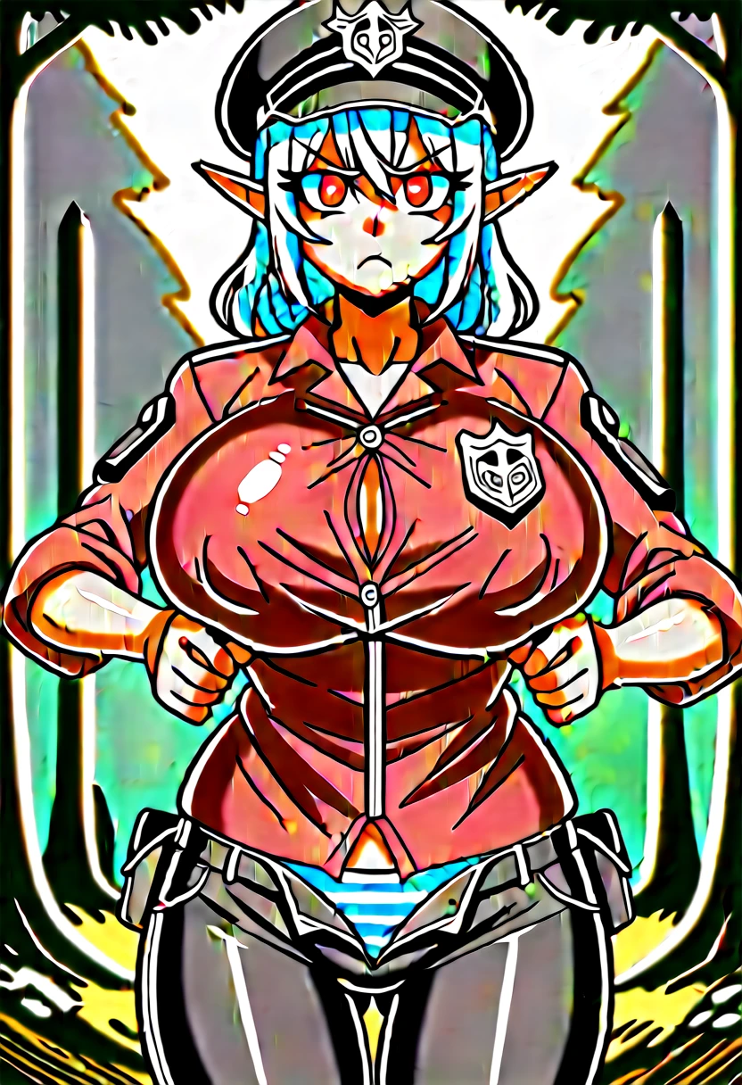 NSFW,((Perfect human body)),One girl, Red eyes, Wavy silver hair, Pointed Ears, vampire, Drooping eyes,Police uniform,Anxious expression,Police hat,Pleated skirt,Mobile Task Force Heavy Equipment,Big Breasts,Hair Flowers,Urban area,whole body,Character portrait,Skirt rolled up,Striped panties,Boomerang Pants,bulge in the crotch,Possession of a gun,Assault rifle
