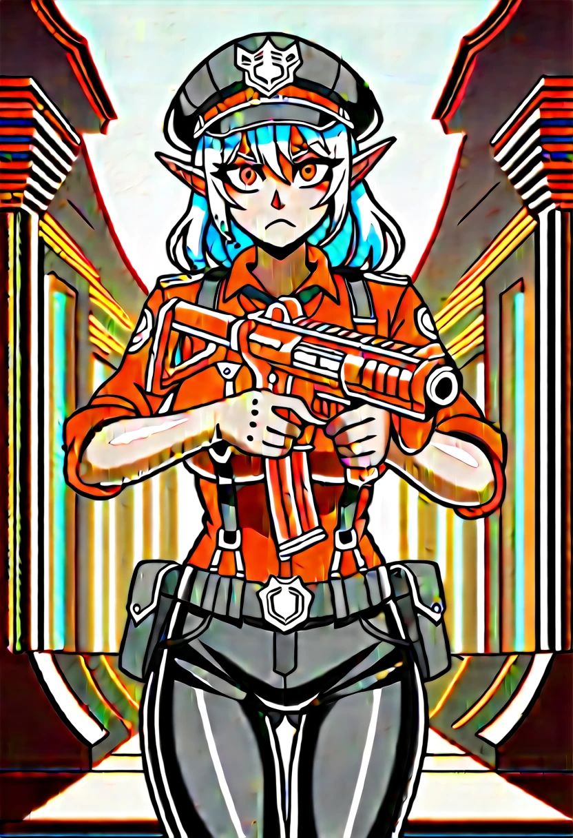 NSFW,((Perfect human body)),One girl, Red eyes, Wavy silver hair, Pointed Ears, vampire, Drooping eyes,Police uniform,Anxious expression,Police hat,Pleated skirt,Mobile Task Force Heavy Equipment,Big Breasts,Hair Flowers,Urban area,whole body,Character portrait,Skirt rolled up,Striped panties,Boomerang Pants,bulge in the ??????,Possession of a gun,Assault rifle
