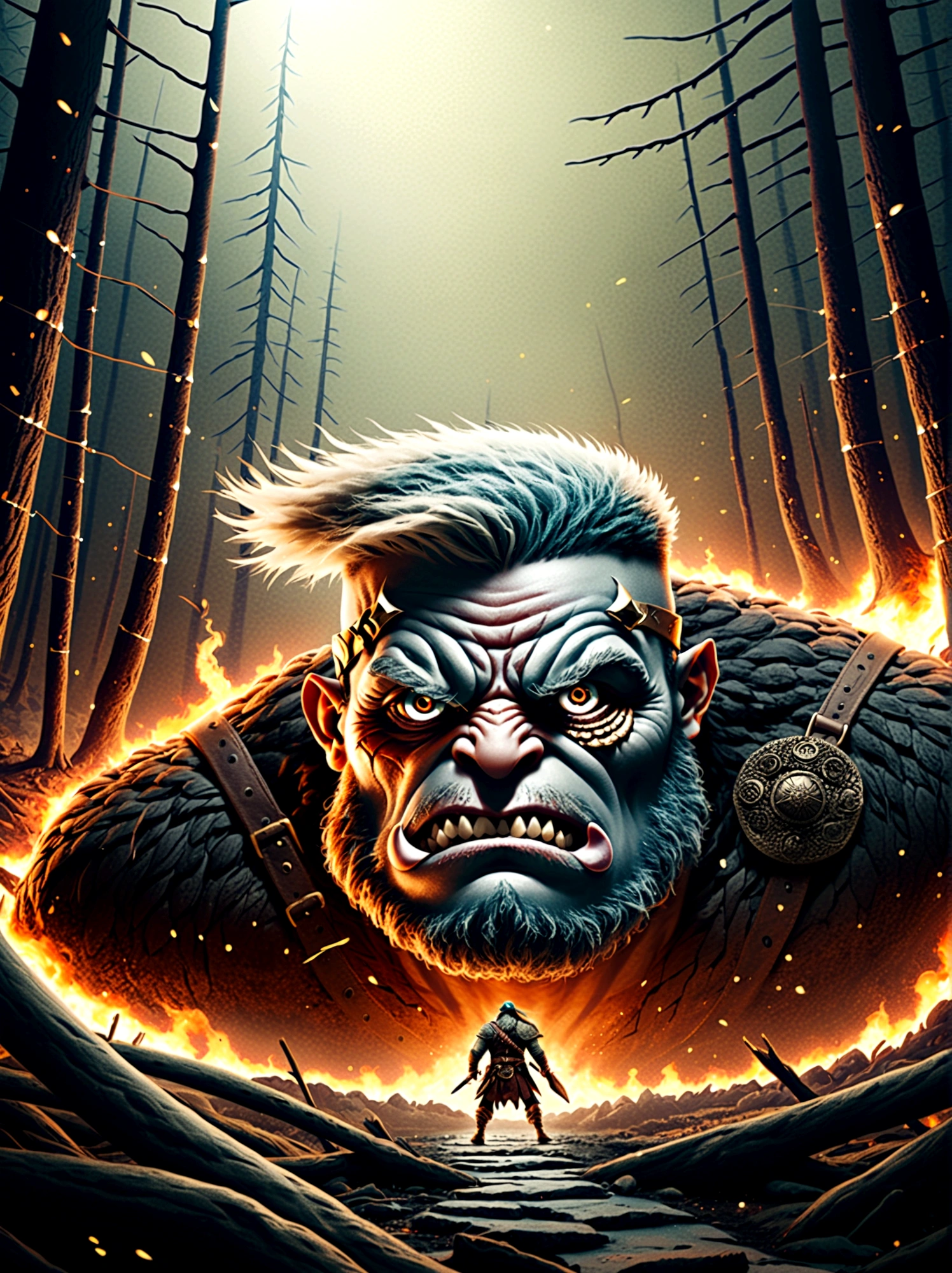 A one-eyed giant from Norse mythology, with a huge single eye covered by a black eye patch, depicted in a full-body view from a distance. The giant appears powerful and wild, with intricate details. The setting is a dark forest ablaze with hellish flames, creating a harsh environment. The artwork is in fantasy style, dark fantasy, with dramatic lighting, evoking an epic sense of destruction and fear. The image should be of the highest quality, 8k resolution, highly detailed, with 1.4 times the realism.