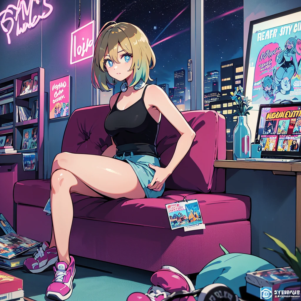 (masterpiece), Highest quality, Expressive eyes, Neon pastel aesthetics, Retro 90s, Neon color,((Girl sitting on sofa,In a cozy room,Records hanging on her wall, Comic books on the floor, Looking out the window behind her at the night city, Upholstered room, Anime figures lined up on a shelf)), Wearing headphones, (All around her it sparkles), (wearing thick colorful sneakers), (blue eyes), (Soft look), (Synthwave Art Style), Colorful Hair, Desk with PC set up