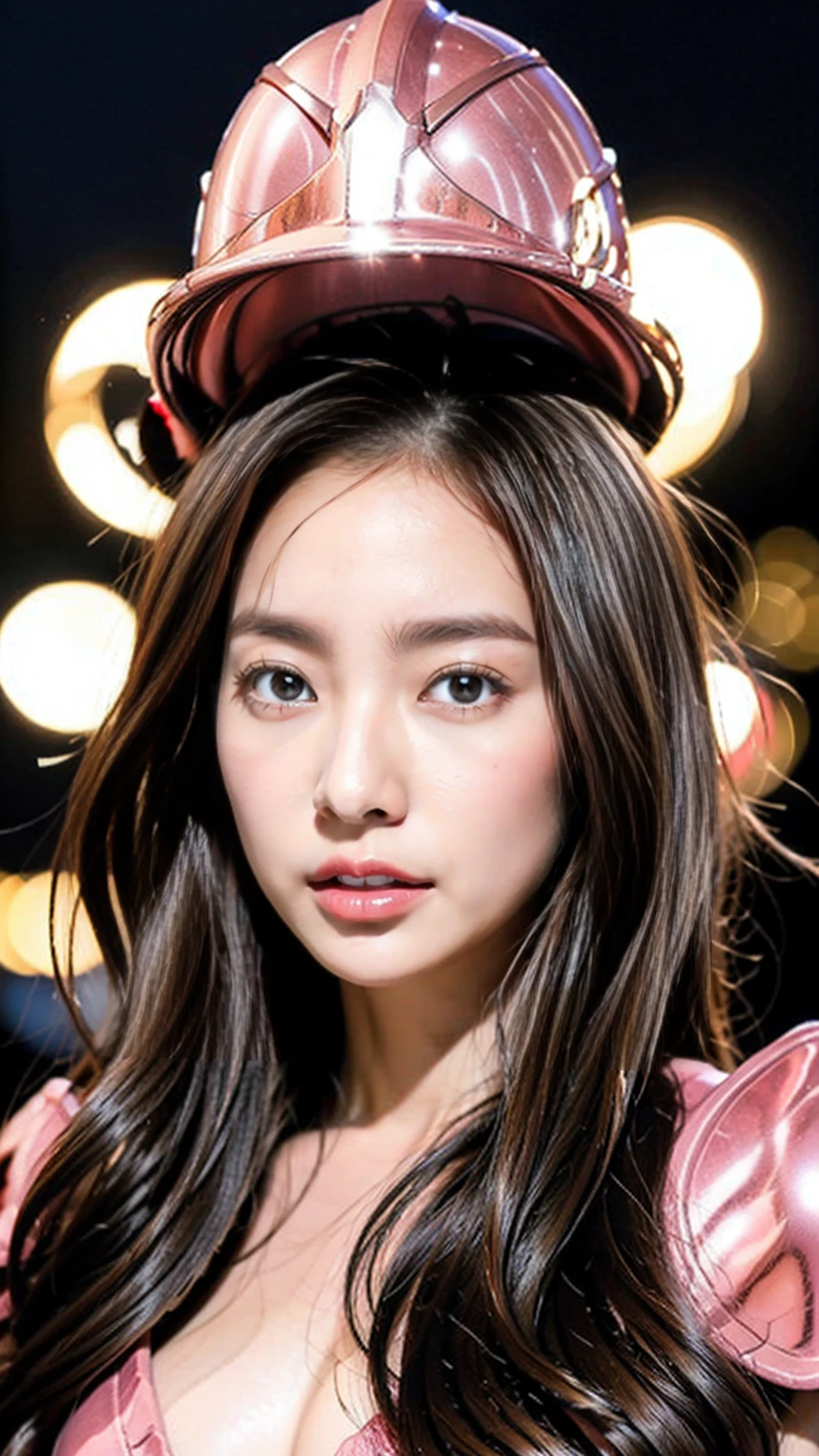 masterpiece, Highest quality, 超High resolution, real皮肤纹理, Armature, real, High resolution, Original photo, Shiny skin, real皮肤纹理, Best lighting, spark, Dramatic lighting, Dynamic pose, Starry sky background, Night Sky, universe, milky way, 1 Girl, Balanced Eyes, Andromeda Instant, Pink Armor, chest, Split, Redhead, Pink Helmet, blue eyes, Looking at the audience, Big Breasts, A faint smile, Lock,Expose