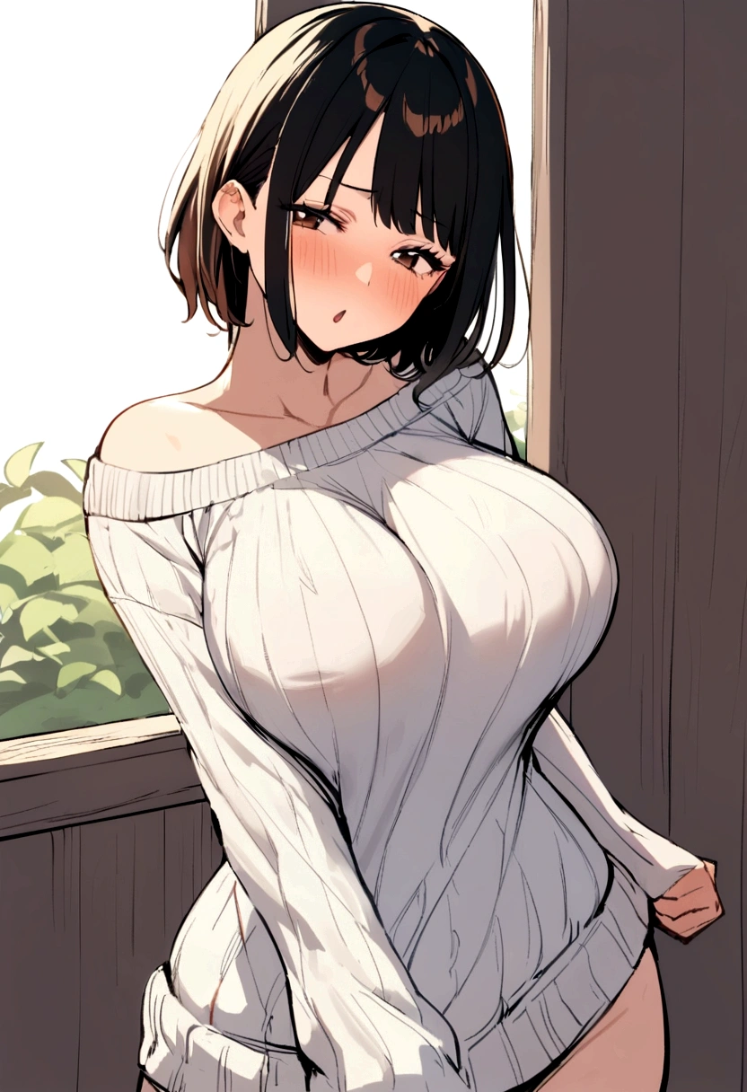 Beautiful Asian Woman,Oversized sweater、short hair、Rough stitching、Large breasts、one piece、