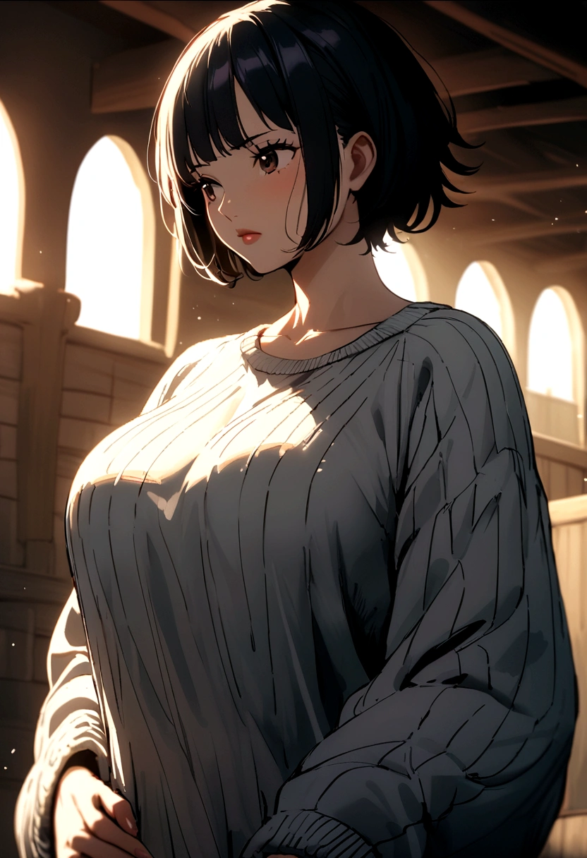 Beautiful Asian Woman，Oversized sweater、short hair、Rough stitching、Large breasts、one piece、