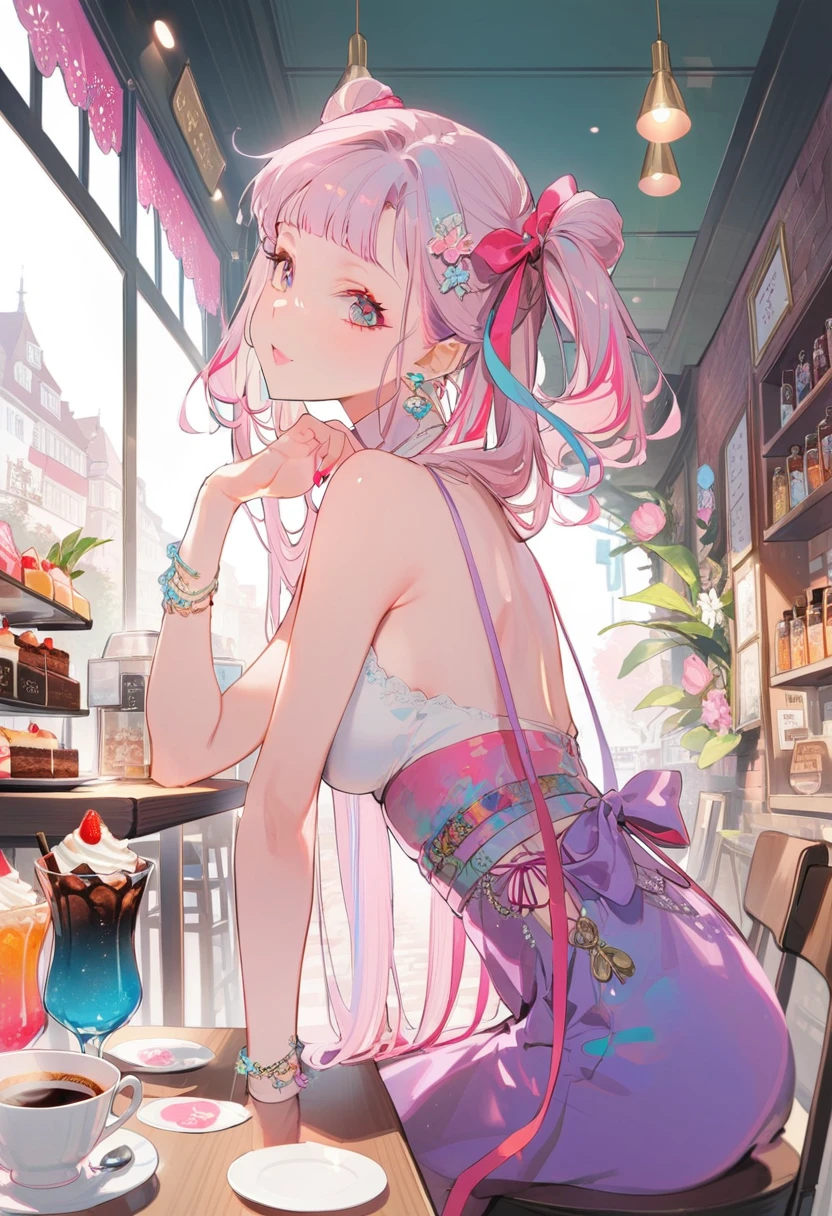 One girl,Drink coffee, Multicolored Hair, Shoulder-length hair, Retro costumes, High heels, Sideways glance, Sitting, Hyper Pop, Cafe,cake、 Retro feel, overview, masterpiece, Highest quality, 