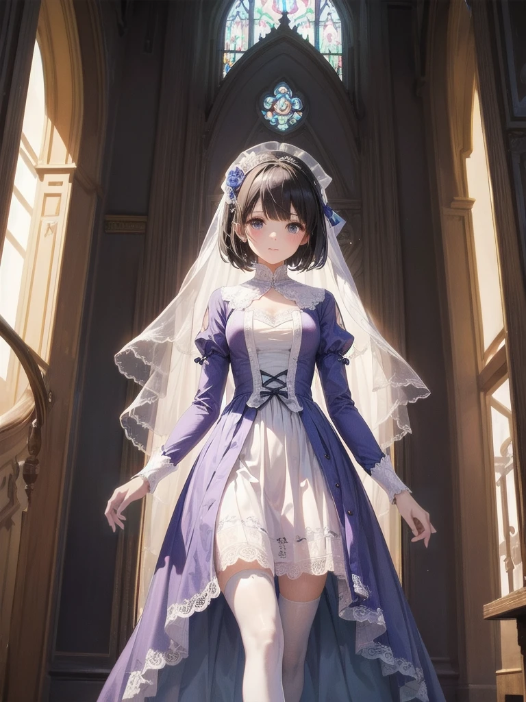 bride: wedding ring shining on ring finger Fusion of medieval European fashion Emphasis on elements of cuteness and adoration Posed illustration of the overwhelming cuteness of the character in the foreground Overwhelming architectural and cityscape background Ultra-detailed, rich, contemporary interpretation of medieval Europe and fantasy world Realistic textures, Professional artistic shading and light sources, scene-like cinematography and effects, depth of subject One beautiful girl, super cute, bob cut, side ponytail, perfect anatomy
Colours: pastel, white, pale purple, blue, gingham check
Materials: chiffon, lace, satin, velvet, etc. Silhouette: fluffy skirt, A-line, long length
Decoration: frills, ribbons, lace, pearls, embroidery etc. Coordinates Romantic princess: pastel dress, lace blouse, fluffy skirt, ribbon hair accessory, black tights Add accessories and accessories to personalise.