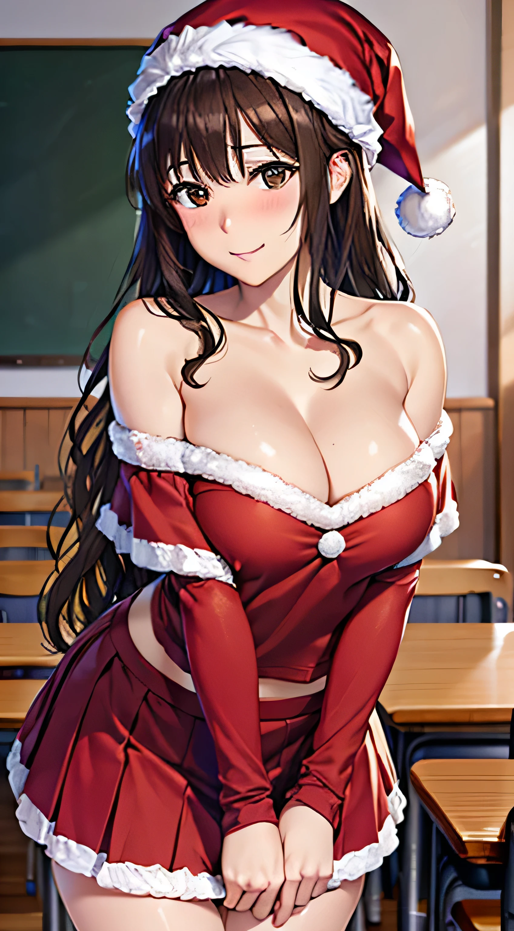 ((Tabletop, Highest quality, High resolution, , Pixel Perfect, 4K,))), 1 female teacher, single, alone, beauty、The whole body is visible、 ((Long Wavy Hair, bangs, Brown Hair)), ((Brown eyes, Beautiful eyelashes, Realistic eyes)), ((Detailed face, Blushing:1.2)), ((Smooth texture:0.75, Realistic texture:0.65, Realistic:1.1, Anime CG Style)), Big Breasts, Dynamic Angle, Perfect body, (( , , Santa Claus Cosplay Hat、 Santa Claus Cosplay Off Shoulder Sweater、flare skirt、Floral lace panties 、)), 、、Very embarrassing panic smile, 、、classroom、、、、Stick your butt out、Leaning forward、Bring your arms together、 、Angle from below)、