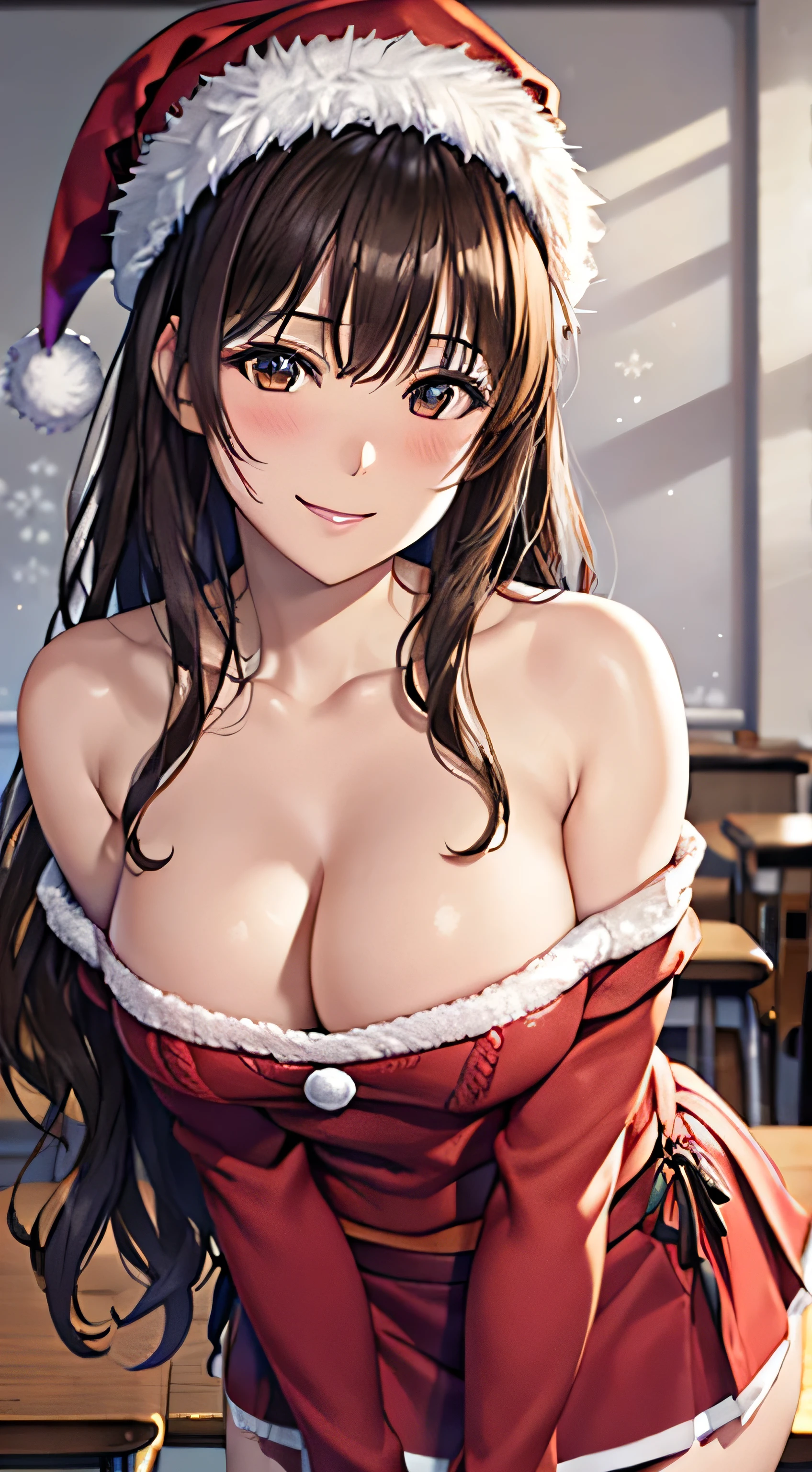((Tabletop, Highest quality, High resolution, , Pixel Perfect, 4K,))), 1 female teacher, single, alone, beauty、The whole body is visible、 ((Long Wavy Hair, bangs, Brown Hair)), ((Brown eyes, Beautiful eyelashes, Realistic eyes)), ((Detailed face, Blushing:1.2)), ((Smooth texture:0.75, Realistic texture:0.65, Realistic:1.1, Anime CG Style)), Big Breasts, Dynamic Angle, Perfect body, (( , , Santa Claus Cosplay Hat、 Santa Claus Cosplay Off Shoulder Sweater、flare skirt、Floral lace panties 、)), 、、Very embarrassing panic smile, 、、classroom、、、、Stick your butt out、Leaning forward、Bring your arms together、 、Angle from below)、
