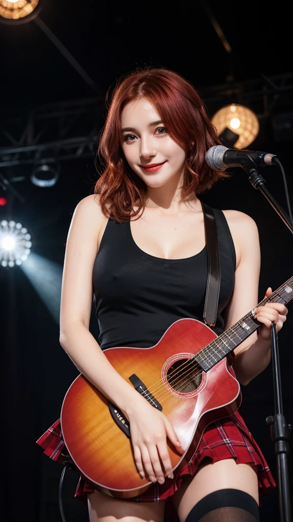 ((best quality)), photorealistic, photorealism, Photorealistic, high resolution, school girl blazer、 pink tank top、Red checked knee-length skirt、Long skirt、JK Style、Jacket、smile、Knee-high socks、Thigh-high socks、pantyhose、A superb beauty、Super cute、ennui、Rare beauty、Very Short hair、Aestethic tatoo, Black Dark Eyeshadow、Sad、white skin、pale skin, short hair straightener、Dark Gothic Makeup、Cute Smile、Fragrant beauty、Stained glass background、Mastepiece、Best Quality、Refers to 5 books、Sweat glistening on my chest、Sweat glistening on my face、Large breasts、Huge breast、Red hair、Age 20 years old、Mysterious look、A sad expression、Red Hair、mysterious gothic church、enchanting castle、Sweating profusely all over the body、A lot of sweat and light on the thighs、Shiny thighs、Plenty of sweat glistening on the thighs、A large amount of sweat glistens on my thighs、Sweating profusely、Gal、Large breasts、beautiful face、Alluring expression、Thin thighs、Playing acoustic guitar、I have an acoustic guitar、Sing a song enthusiastically、Playing guitar in a band、Playing guitar chords、Live House Background、Sing a song、Open your mouth、Live house scenery、Mike stand、Glamorous live stage、Dynamic Angle、cinematic lighting, backlight lighting