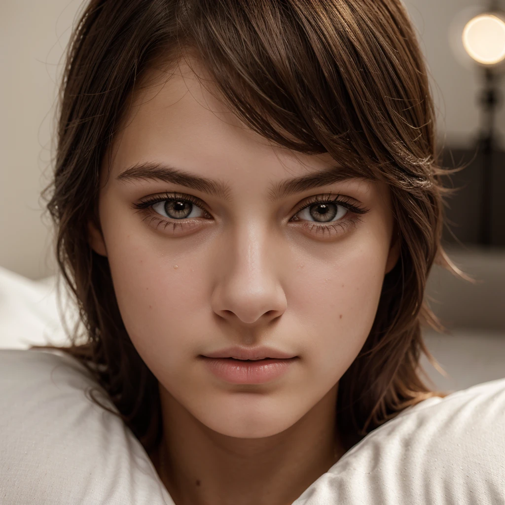a teenage boy, holding a white square pillow, photo realistic, fashion style, detailed face, beautiful detailed eyes, beautiful detailed lips, extremely detailed eyes and face, long eyelashes, cinematic lighting, studio lighting, warm golden tones, soft bokeh, high quality, 8k, ultra-detailed, photorealistic