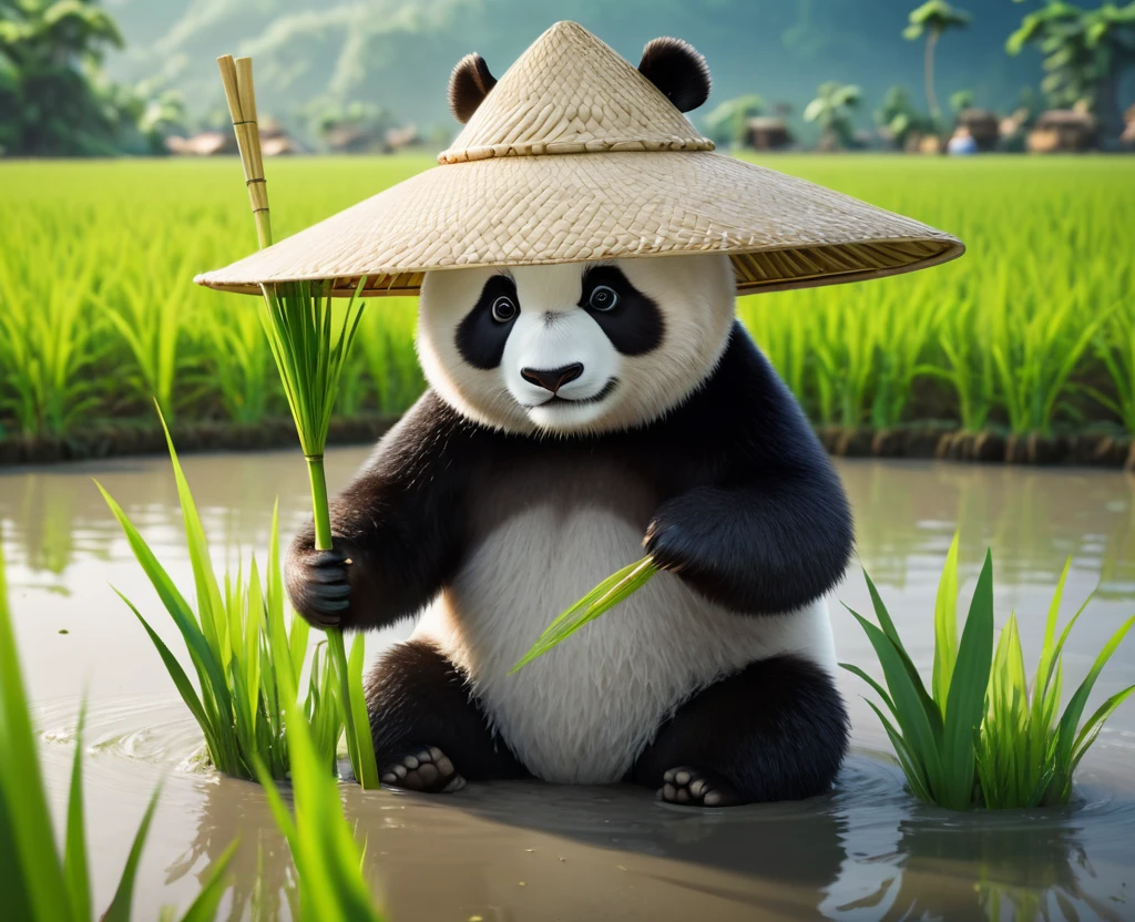 A one-shot from a fantasy film directed by David Yates, From Another World、An anthropomorphic panda wearing a wide-brimmed hat is planting rice in a rice field, Panda rice farmer, Bright atmosphere, Movie Processing, Ray Tracing, Natural light, Realism in film, 32K