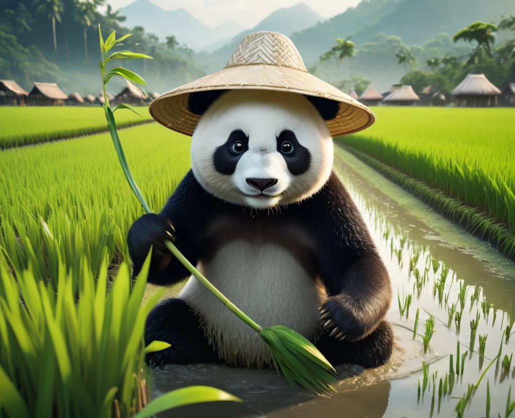 A one-shot from a fantasy film directed by David Yates, From Another World、An anthropomorphic panda wearing a wide-brimmed hat is planting rice in a rice field, Panda rice farmer, Bright atmosphere, Movie Processing, Ray Tracing, Natural light, Realism in film, 32K