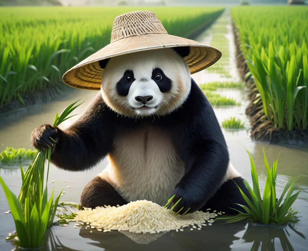 A one-shot from a fantasy film directed by David Yates, From Another World、An anthropomorphic panda wearing a wide-brimmed hat is planting rice in a rice field, Panda rice farmer, Bright atmosphere, Movie Processing, Ray Tracing, Natural light, Realism in film, 32K