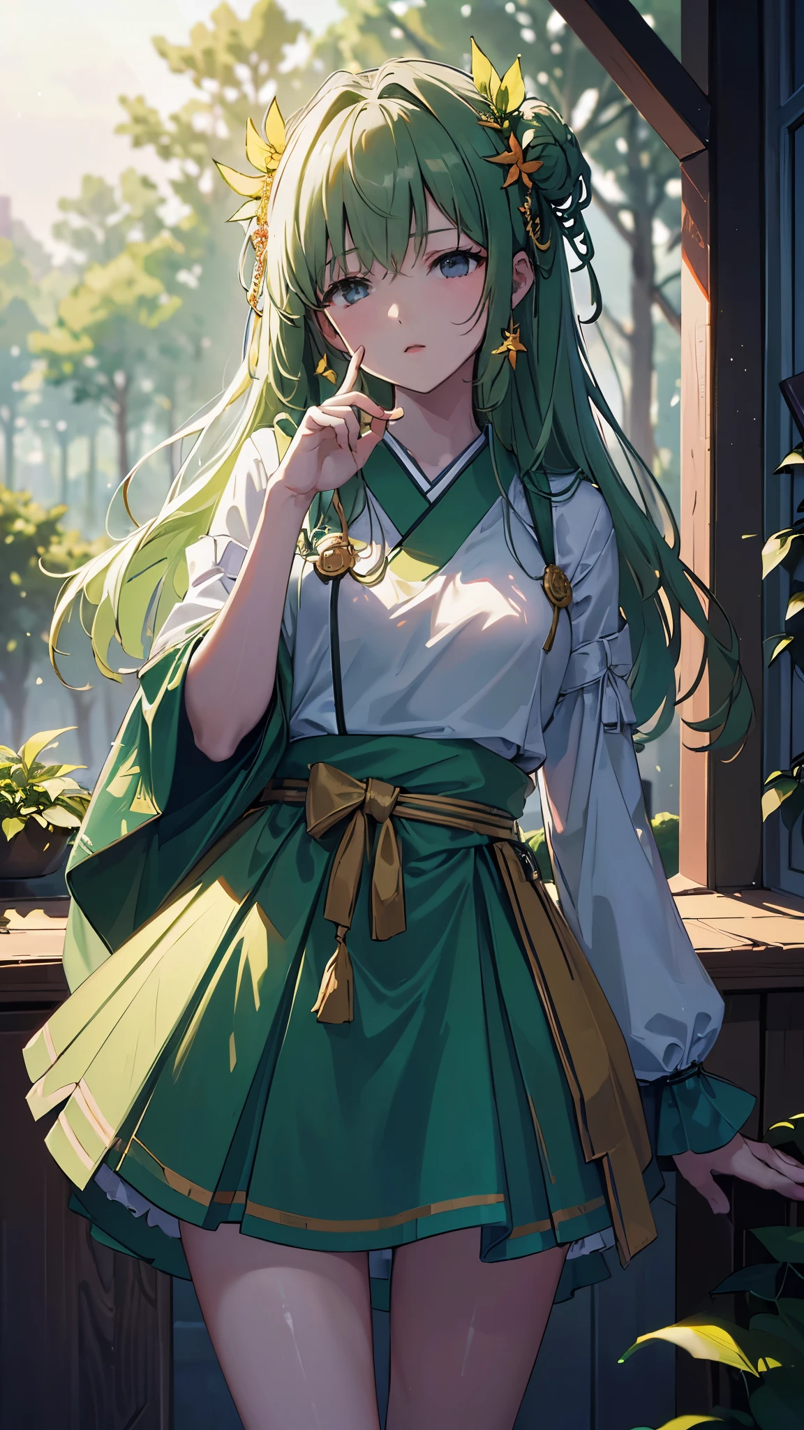  ((((Ultra high resolution high detail))), 1girl, standing, facing viewer, ((outdoors, forest, sunlight:0.9))), long hair, green dress, ((organic armor, leafy armor)), ((eyes closed, in deep thought))), ((perfect hands)), ((high contrast)), ((soft focus)), 25 years old, (head tilt), ((wisdom)), ((serene)), (((green glowing aura:0.7)), ((forest ambiance))),((4k resolution)),((high quailty lens)),((lens ISO f4.5)),((effect blurred rim +5)),((Eliminates Chromatic Aberration)),((Enable Canon lens correction)),BREAK,((best graphics model)),((Bright balance and soft ratio)), ((moderate dark balance)),((dark area 30%)),((((contrast 10%)), BREAK,((ratio sun beam 60%)),((Sky light 10%)),BREAK,((of the highest quality, 8K,Raw photo)),Japanese style colors, Soft-beam light, afternoon light,BREAK,((Fixed Finger, Hand))