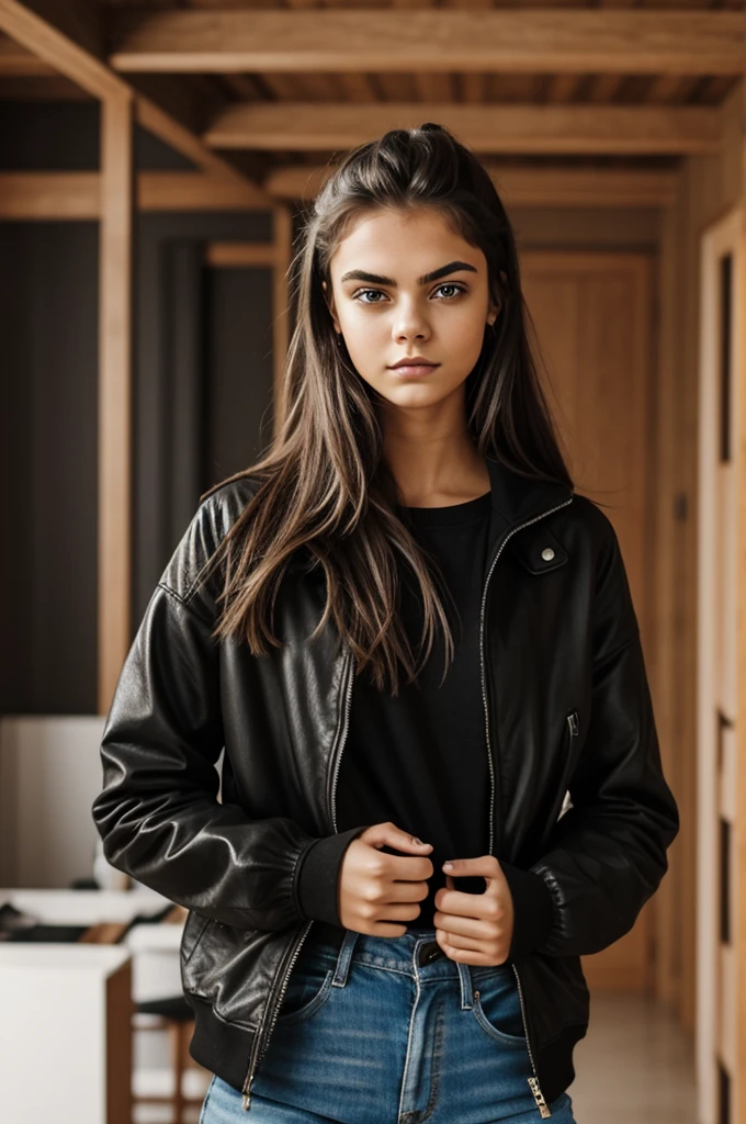 photograph of a 20 year old woman, cara perfecta, Obra maestra, Bien, ropa interior, negro_Bien, Chaqueta, negro_bragas